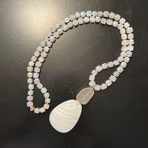 NEST Jewelry Moonstone square bead necklace with gold trimmed pendant.